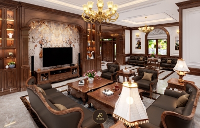 Thiết kế phòng khách tân cổ điển bằng gỗ óc chó